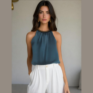 🥬2/80🥬NWT Ricki's Halter Top Crepe embellished beaded Collar Dark Teal